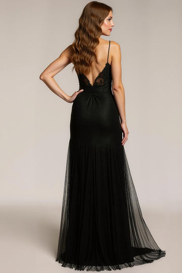 Black A Line V-Neck Formal Dress With Slit